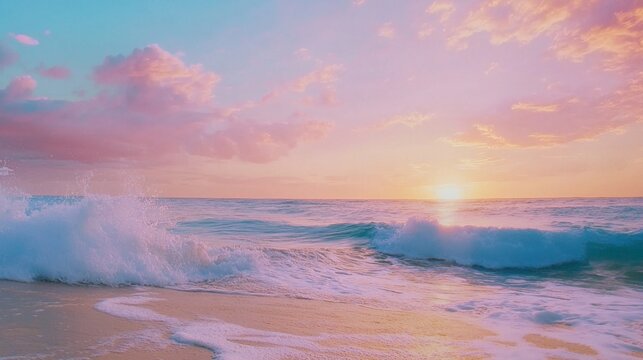 Coastal beach backdrop with soft, pastel-colored sky visuals, gentle waves crashing along the shore, setting a peaceful and calming mood for a beach-themed performance