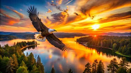 Obraz premium Majestic Bald Eagle Silhouette Captured in Stunning Drone Photography Against a Vibrant Sunset Sky Over Serene Landscapes