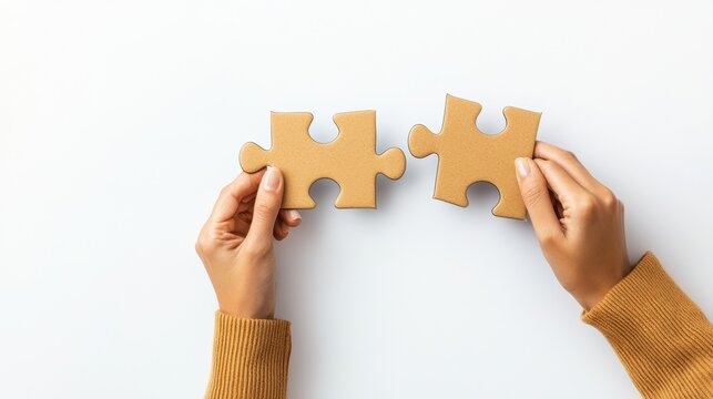 Two hands holding interlocking puzzle pieces on a white background.