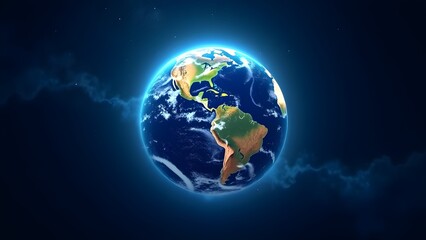 Glowing Earth against a dark blue space background, symbolizing global unity and interconnectedness. Ideal for themes of harmony, global awareness, and inspiration.