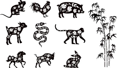 Traditional Chinese horoscope with flowers. Set of Chinese new year animals, vector mascot illustrations of goat and snake, dragon and pig rabbit with flora and bamboo tree pattern