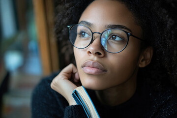 Portrait of a person with glasses, deep in thought, with a book in hand