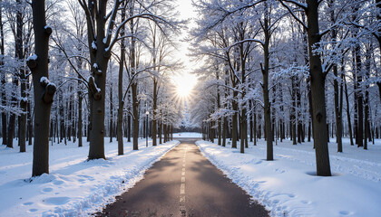 A beautiful winter pathway through a frosted forest illuminated by sunrise rays