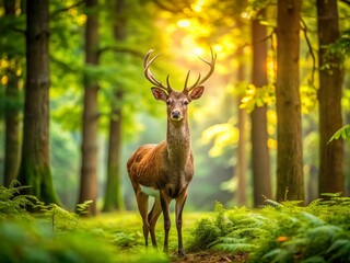 Fototapeta premium Majestic Deer in a Lush Forest Setting: A Panoramic View Capturing Nature's Beauty with Selective Focus on a Graceful Stag Amidst Vibrant Greenery and Soft Light