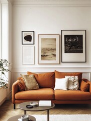Orange Sofa In A Stylish Living Room With Artwork