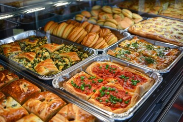Obraz premium Freshly baked savory pastries displayed in store
