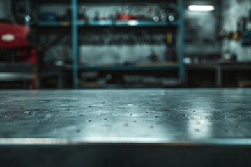 Metal blank tabletop with blurred automotive tools