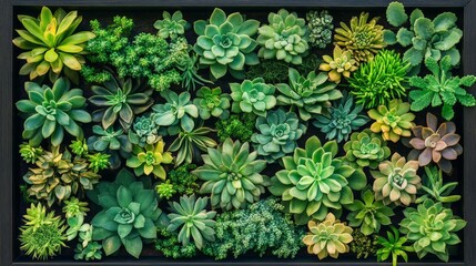 A vibrant collection of various succulent plants arranged in a neat display, showcasing diverse shapes and shades of green.