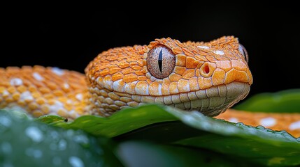 Fototapeta premium Close-up of an orange gecko resting on green leaves with a dark background.