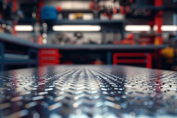 Fototapeta premium Metal blank tabletop with blurred automotive tools