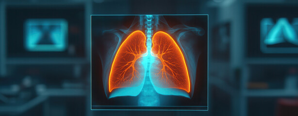 Artificial intelligence in medical detection. vibrant holographic representation of human lungs showcases intricate vascular structures, emphasizing advanced X ray diagnostics in modern lab setting