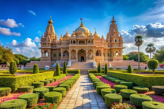 Majestic High Depth of Field View of Baps Shri Swaminarayan Mandir Hindu Temple Surrounded by Lush Gardens, Capturing Intricate Architecture and Peaceful Atmosphere