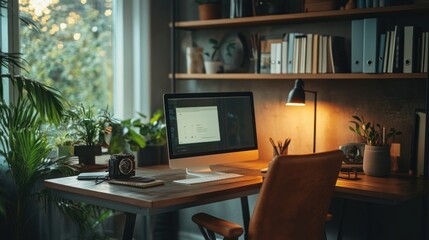 Modern Home Office Desk with Computer, Plants, and Desk Lamp