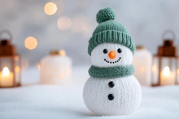 A cozy knitted snowman wearing a green hat, surrounded by warm candlelight.