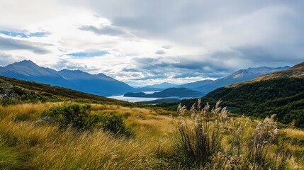 A beautiful landscape with a lake and mountains in the background
