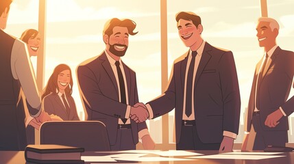 usiness Deal Sealed: Cartoon-Style Illustration of Young Businessman Shaking Hands with Team, Celebrating Success and Collaboration in an Office Meeting