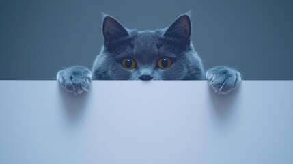 Obraz premium Curious grey cat peeking over a white surface indoor setting digital photography soft lighting whimsical concept