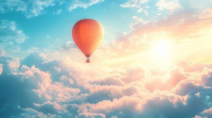 Naklejka premium A Vibrant Hot Air Balloon Soars Through Soft Clouds in a Beautiful Sky at Sunrise, Creating a Serene and Enchanting Atmosphere
