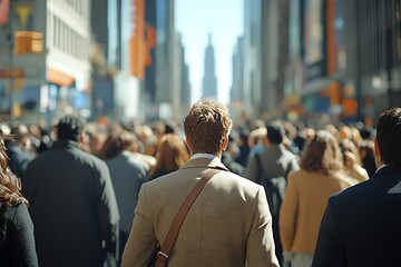 Fototapeta premium Beige Suit, Shoulder Bag Anonymous Figure in Sunlit City Crowd