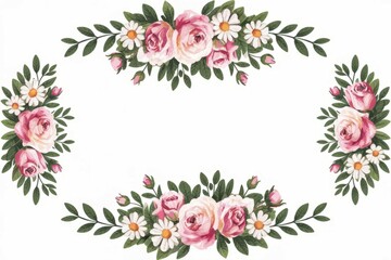 Floral frame roses daisies. Elegant pink rose and daisy border.  Perfect for invitations, cards, or adding a romantic touch.