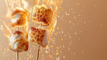 Against a crisp light beige backdrop a close-up of roasted marshmallows on skewers with a blazing fire and ample space for text, Generative AI.