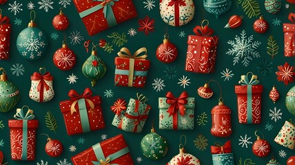 A stunning seamless pattern on a vibrant green background, featuring a delightful array of Christmas elements such as ornaments, snowflakes, and gift boxes, ideal for use as wallpaper texture or gift 