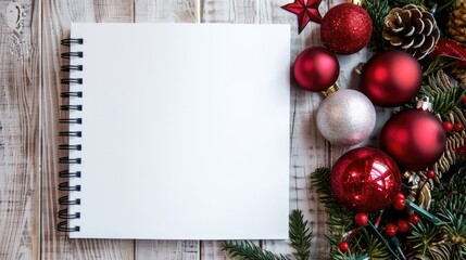 Obraz premium A festive notebook with holiday decorations on a wooden table, great for Christmas-themed projects
