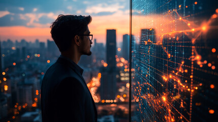 Business professional analyzes data trends from high rise office at sunset