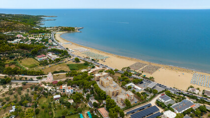 Fototapeta premium Aerial view of San Lorenzo beach in Vieste, Puglia, Italy. It is one of the most beautiful tourist coasts of Gargano.