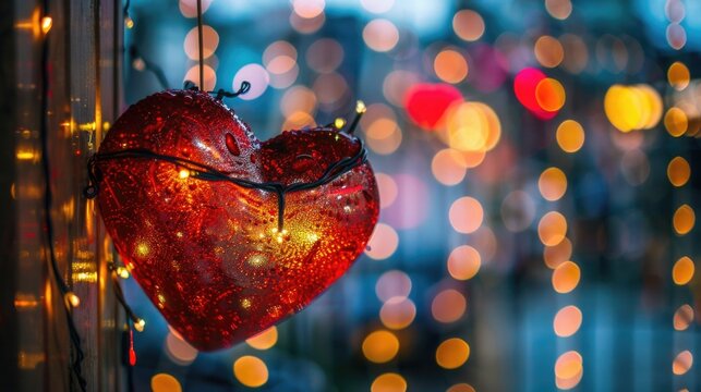 A red heart hangs from a string amidst twinkling lights