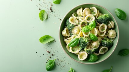 A close-up and top view of some delectable orecchiette with broccoli set against a crisp bright green background in a studio with textual space, Generative AI.