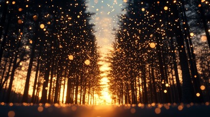 Naklejka premium Magical sunset scene in a forest with warm golden light and sparkling particles floating in the air. A captivating view of nature's beauty.