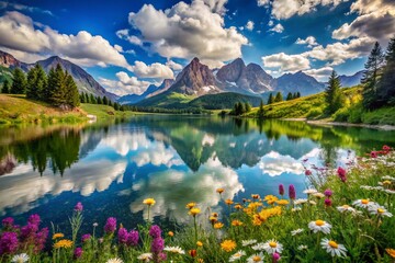 Fototapeta premium Majestic Magnium Landscape: A Serene View of Vibrant Mountains, Crystal Clear Lakes, and Lush Greenery Under a Bright Blue Sky, Perfect for Nature Lovers and Adventurers