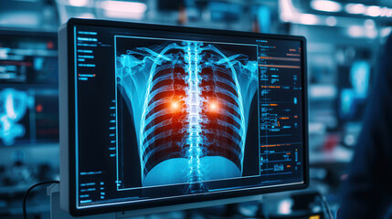 Artificial intelligence in medical detection. X ray image of human ribs with glowing indicators, showcasing advanced diagnostics technology in medical environment