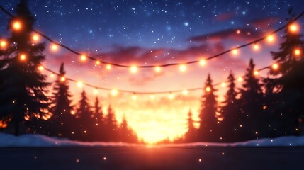 Naklejka premium Magical winter sunset with string lights illuminating a snow covered forest. The warm light against the cool tones creates a cozy and enchanting scene.