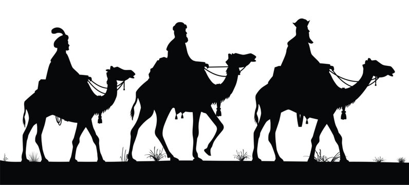 classic christmas nativity 3 wise men on riding camels silhouette side view vector illustration
