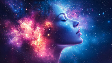 Cosmic reflection of a serene figure showcasing the beauty of the universe at night