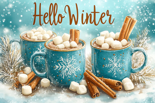 Illustration of a mugs with marshmallows and cinnamon sticks, text above reads 'Hello Winter' in watercolor style.