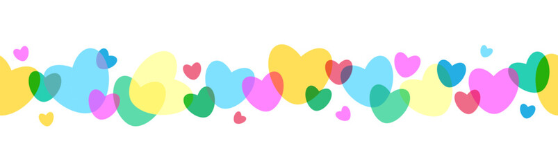 Seamless border of multicolored hearts with overlapping effect. For header, mail listings, decorations, congratulations on Valentine's Day, wedding, love card. Horizontal seamless banner, background