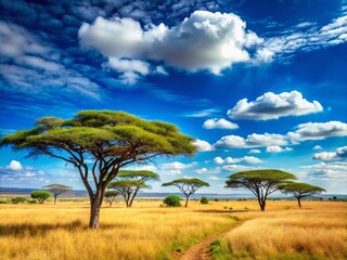 Obraz premium Majestic Safari Landscape with Acacia Trees and Clear Blue Sky, Ideal for Travel and Adventure Themes, Showcasing Nature's Beauty and Wilderness in an Expansive Scene