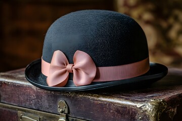 Close-up of bowler hat with ribbon, placed on vintage suitcase, soft lighting, neutral backdrop. National Hat Day.