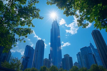 Blue Sky Cityscape Low Angle View of Modern Glass Buildings