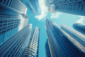 Fototapeta premium Blue Sky Cityscape Vertical Lines of Concrete Structures