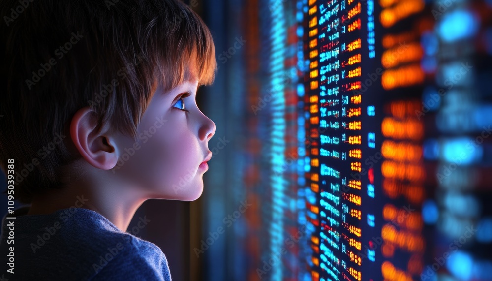 Poster curious child amazed by glowing data stream. digital code, programming, future technology concept.