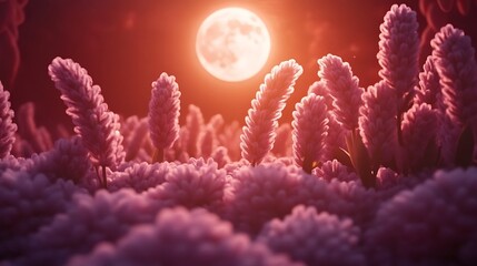 Fototapeta premium Pink Flowers Blooming Under a Full Moon at Night