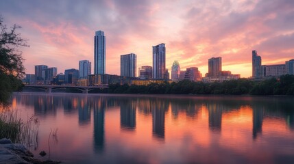 Obraz premium Austin Skyline Reflected in Calm Waters at Sunset