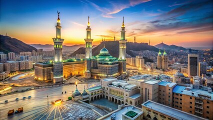 Obraz premium Majestic View of Mecca and Medina with a Serene Landscape and Clear Skies, Perfectly Balanced Composition Featuring Iconic Architecture and Cultural Significance, Ample Copy Space
