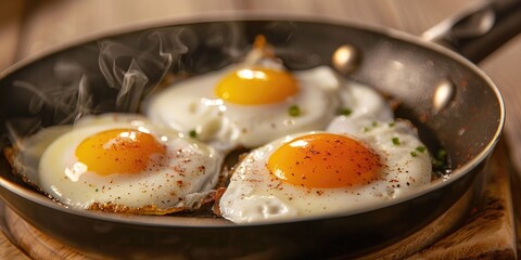 Three fried eggs sizzling in a hot frying pan on a wooden table, ready to be served