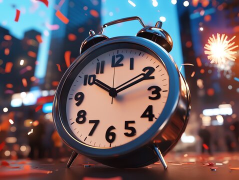 A countdown clock with confetti and fireworks exploding in the background