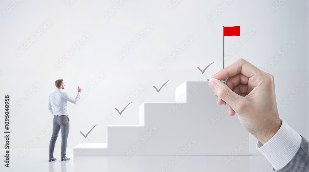 Poster an illustrative representation of business success: a businessman progressing towards goal achieveme